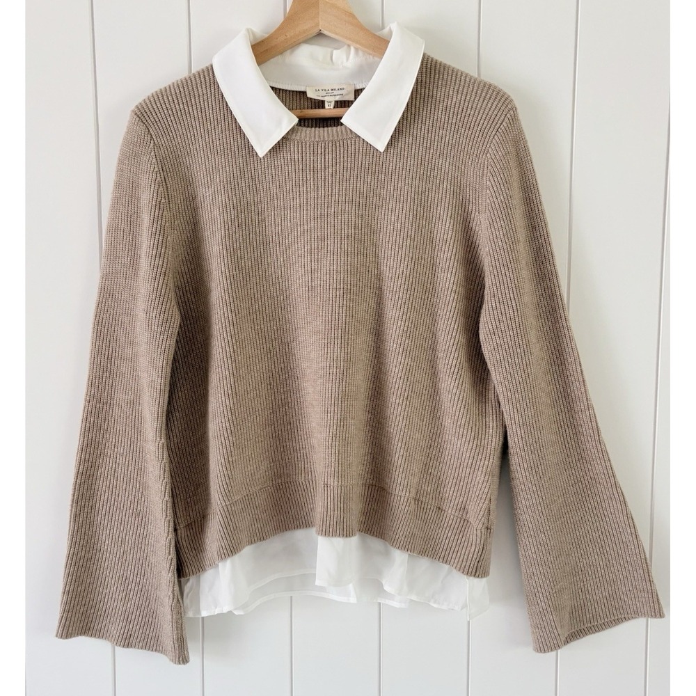 La Vila Milano Sweater Ribbed Knit Collared Layered Look Taupe White XL Preppy
